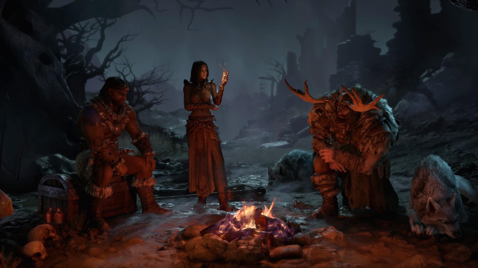 Les personnages de Diablo 4 se rassemblent autour d'un feu de camp