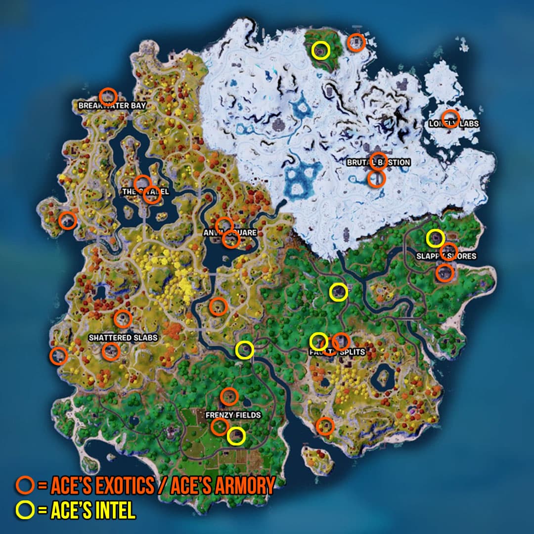 Carte des emplacements Fortnite Ace's Exotics et Ace's Armory